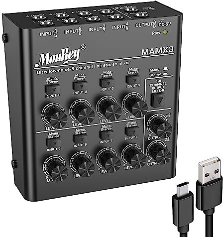 Moukey Mixer di linea a 8 canali ultra basso rumore per sub-mixing, DC 5V 8-Stereo Mini Audio Mixer, ideale per piccoli club o bar, chitarre, basso, tastiere o mixer da palcoscenico - MAMX3