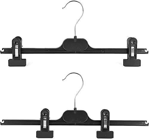 KAPCO 10 Clip Hangers (40cm wide) Black Plastic Adjustable Space Saving Clothes Organiser for Wardrobe, Kids Closet & Clothing Rail | Trouser, Skirt & Pant Hanging with Extender Clips and Swirl Hook
