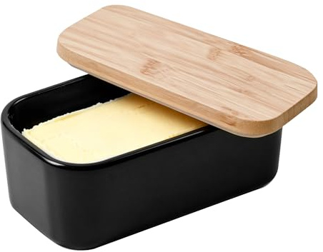 Beurrier en émail avec couvercle en bambou et joint d'étanchéité - Boîte de rangement hermétique multifonctionnelle pour aliments au beurre - 16,5 x 9,5 x 7 cm - Noir