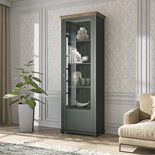 Lomadox Vitrine Landhaus mit Eiche Lefkas Nb. in grün Türanschlag rechts, B/H/T: ca. 71/200/42 cm