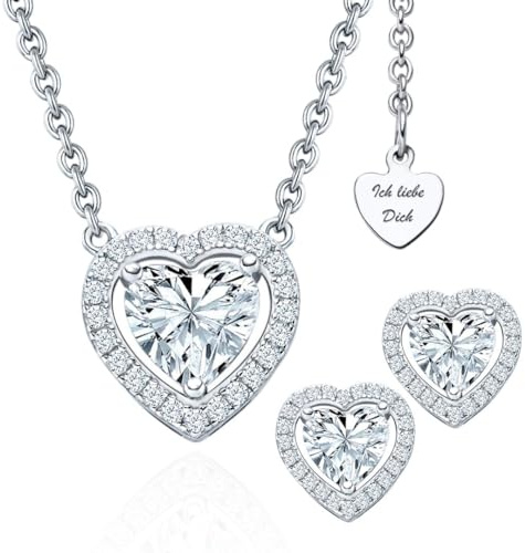 LOVENEST Schmuck Set Damen Silber 925 Zirkonia Herz 3tlg. | Ich Liebe Dich Geschenk – Geburtstag Hochzeitstag Jahrestag – Geschenke Frauen Freundin Sie – Kette und Ohrringe Set