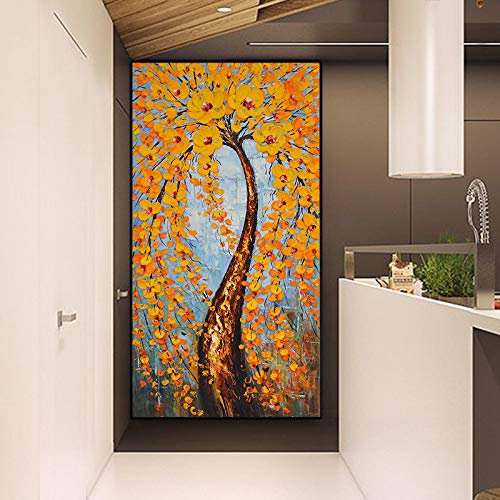 Dipinto ad olio personalizzato dipinto a mano 3D con alberi ricchi dipinti per soggiorno - trama spessa dorata con grande albero paesaggio, immagini da appendere, quadro decorativo Cancas senza
