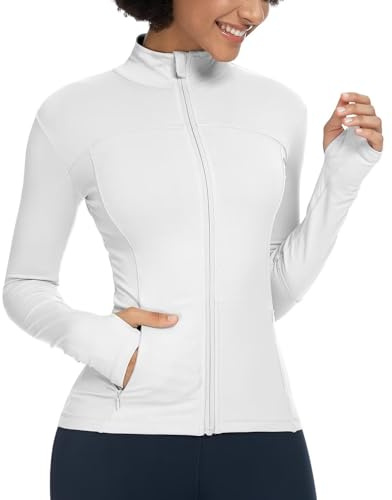QUEENIEKE Chaquetas de correr para mujer, chaqueta de entrenamiento atlética de algodón suave con cremallera completa y bolsillos, Blanco, XS
