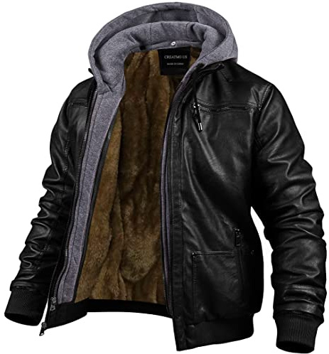 CREATMO US Hoodie Leather Jacket Men Faux Leather Jacket With Removable Hood Retro Zip-UP Stand Collar Motorcycle Bomber Jackets with Removable Hood Black Velvet Lined S