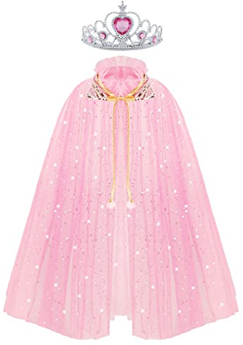 ACWOO Princess Cloak Cape för tjejer, Färgglad Princess Cloak Princess Elsa Fancy Dress Up med krona, gnistrande paljetter Tyll Princess Cape Set för Halloween-födelsedagsfest Cosplay Princess Dress Up (L, Rosa)