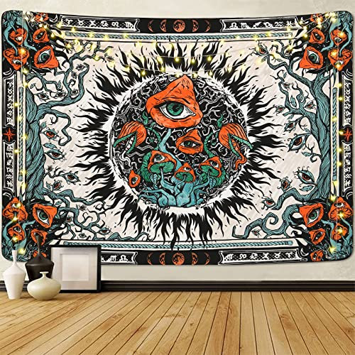 Yrendenge Pilz Wandteppich Brennende Sonne Wandtuch Hippie Augen Wandbehang Mandala Reben Tapestry Mond Wandteppiche Aesthetic für Schlafzimmer, 210 * 150cm（83 * 59 inch）