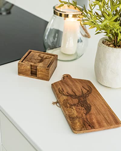 Marco Paul Set of 4 Engraved Stag Rustic Square Coasters & Stag Design Cheese Board for Gifting Kitchen Dining Coaster Set In Holder Wooden Deer Platter Serving Home Décor Placemat Reindeer Xmas Gift