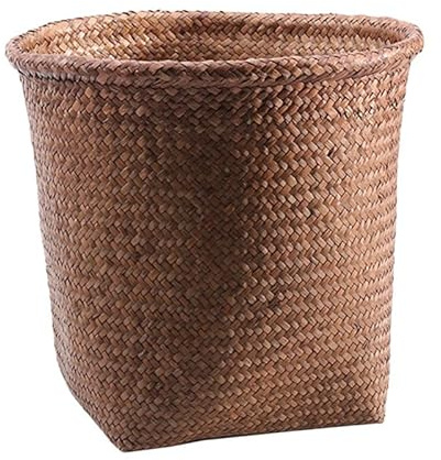 Operitacx Straw Woven Wastebasket Round Waste Paper Basket with Open Top Natural Straw Storage Bin for Bedroom Bathroom Office Home Trash Disposal and Organising
