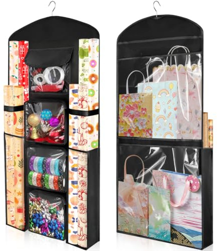 Hängender Geschenkpapier Organizer, Tür Verpackung Aufbewahrung Tasche | 40 x 17 Schwarze Doppelseitige Oxford Geschenkpapier Tasche, Weihnachts Behälter, Bastelrollen Halter Zimmer Schrank
