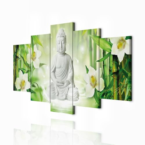 decomonkey - Tableau Acoustique Bouddha Orchidée 100x50 5 Pièces - Impression sur Toile Décoration Maison Isolation Phonique Déco Bureau Asie bouddha bouddhisme feng shui fleurs orienter zen