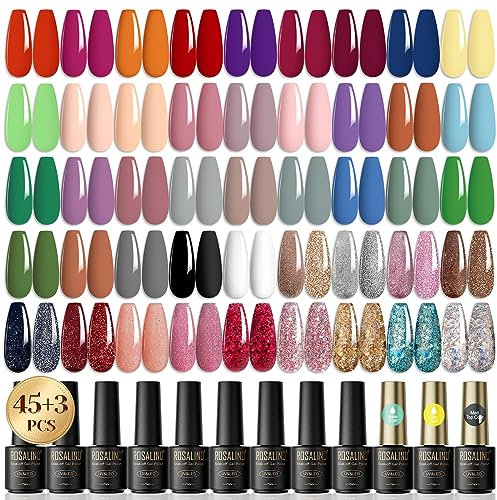 ROSALIND UV Nagellack Set,48 Stück Rot Orange Lila Blau Grün Grau Glitzerfarben Gel mit Base Top Coat,Farbgel Gelnägel für Nagelstudio Design Starter Maniküre Geschenkset