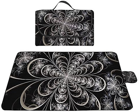 TengYuer Picknickdecke 180x200cm Stranddecke Wasserdicht Sandfrei Isoliert Faltbar Strandmatte mit Tragegriff Outdoor Campingdecke XXL für Camping Parks Strände Picknick Schwarz Weiß