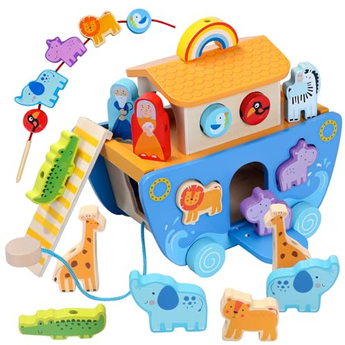 Tooysea Arche Noah Holz, Taufgeschenke für Jungen Mädchen, Montessori Spielzeug Tier Sortier Stapel, Bibel Geschichte Taufe Holzspielzeug ab 1-3 Jahr Kinder
