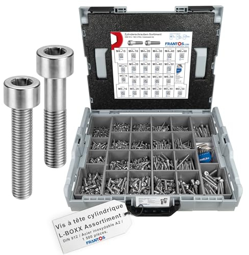 FRANTOS L-BOXX Zylinderschrauben Set DIN 912 (ISO 4762, Edelstahl A2) 1.500 tlg. + 4 Winkelschlüssel I Zylinderkopfschrauben Schrauben Sortiment