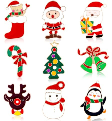 Kiiwah 9 Piezas Juego de Broches de Navidad, Broches de Metal, Navidad Papá Noel Copos de Nieve Renos Muñeco de Nieve Campanas árboles de Navidad Alfileres de Joyería(Oro)