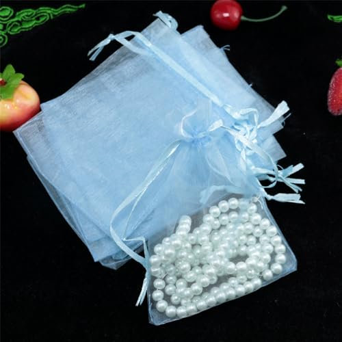 100 Stück 9x12cm Organzasäckchen Verpackungstüten Stoffbeutel klein Organzabeutel Schmuckbeutel mit Kordelzug Geschenkbeutel Geschenktüten für Hochzeiten Weihnachten Festival Party (Hellblau)