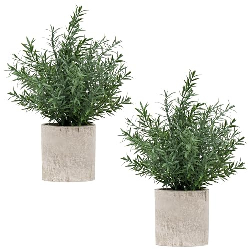 Coferset 2 Pack Small Fake Plants Rosemary Potted Artificial Plants for Shelf Desk Home Bathroom Farmhouse Room Coffee Table Decor (Green)