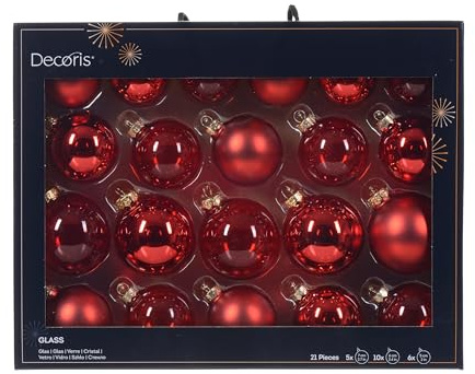 Decoris Weihnachtskugeln Glas 5-7cm 21er Set - matt & glänzend & transparent - Christbaumkugeln Weihnachtsbaumkugeln für Weihnachtsbaum - Kerstbal Glas d7 cm krd Ass 21st I kerst Weihnachtsrot