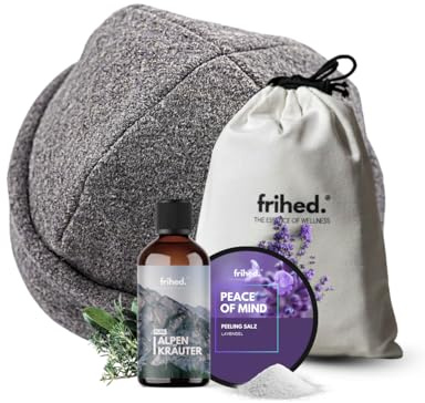 frihed.® Sauna Geschenkset Alpenruhe - Saunahut & Saunaaufguss Alpenkräuter & Salzpeeling Lavendel - Geschenk für Saunaliebhaber Herren & Damen - in Geschenkverpackung - Made in Lüneburg