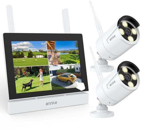 ANNKE - Kit de vigilancia inalámbrica 4CH NVR con pantalla LCD 7 y táctil IPS, 2 cámaras WiFi exteriores 3MP, visión nocturna 100ft, detección humana, audio