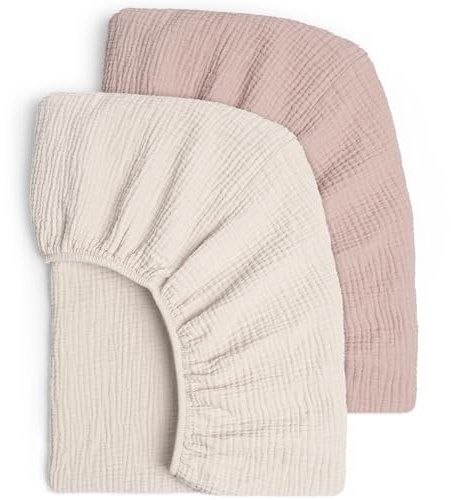 lulumoon 2er Set Kinder Spannbettlaken, Musselin-Baumwolle Spannbetttuch für Babybett und Kinderbett 60x120cm / 70x140cm Reisebett Spannlaken Beistellbett Leintücher (Creme Sand)