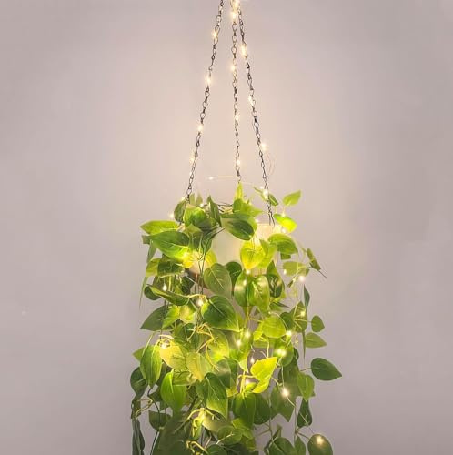 2 Pcs Artificial Hanging Plants with Hanging Plant Pot, Fake Ivy Vine Hanging Basket Hanging Plant Pots Indoor with 2pcs Strings Light Hanging Plant Pot for Wall Home Garden Office Boho Decor