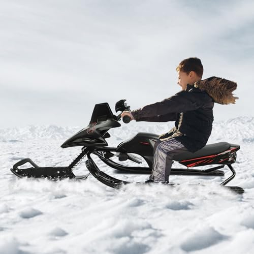 BRRIDE 124x51x43.5cm Lenkschlitten, Schneeschlitten mit Fußbremsen und verstellbarem Kissen, Kinderschlitten, klassischer schwarzer lenkbarer Schlitten