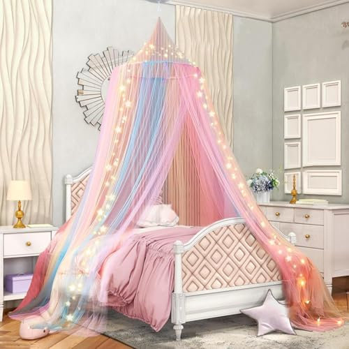 Prinzessin Regenbogen Betthimmel Großes Mückennetz mit Leuchtenden Sternen Runde Kuppel betthimmel mädchen Zimmer Dekoration Baldachin kinderzimmer für Reise und Zuhause Indoor und Outdoor