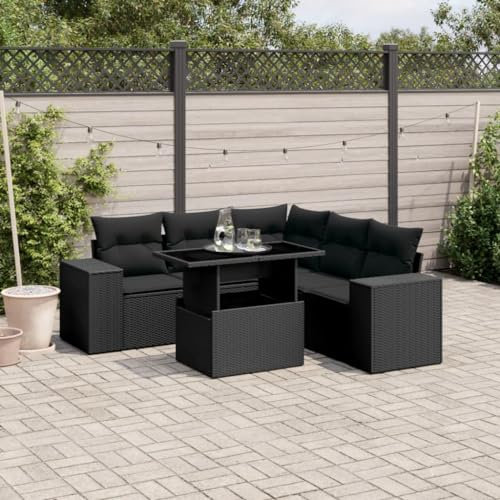 Homgoday 6-TLG. Garten-Sofagarnitur mit Kissen Balkonlounge Gartenmöbel Gartenlounge Gartensofa Balkon Sofa Sitzgruppe Sofa Lounge Balkonmöbel Gartenset Schwarz Poly Rattan