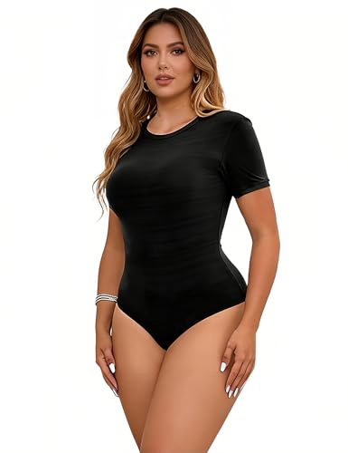 ohyeahlady Dambody, sexig, curvy med tryckknapp, bodysuit, elegant, kortärmad, stringbody, t-shirt, topp, stora storlekar, topp, hög elasticitet, overall, blus, body, linne, svart, S