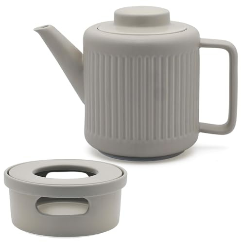 Bredemeijer Teekanne Set 1.2 Liter graues Porzellan mit Edelstahl Tee-Filter Sieb-Einsatz für losen Tee & Ø 14 cm Stövchen für 1 Teelicht - ideal für duftende & blumige Teesorten