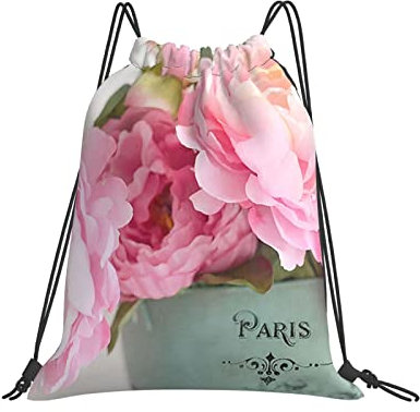 Klapprucksack Paris Rosa Pfingstrosen Romantisch Reiserucksack Wasserdicht Gym Bag Bedruckt Turnbeutel Mit Kordelzug Für Schwimmen, Mädchen, Jungen, 36X42Cm