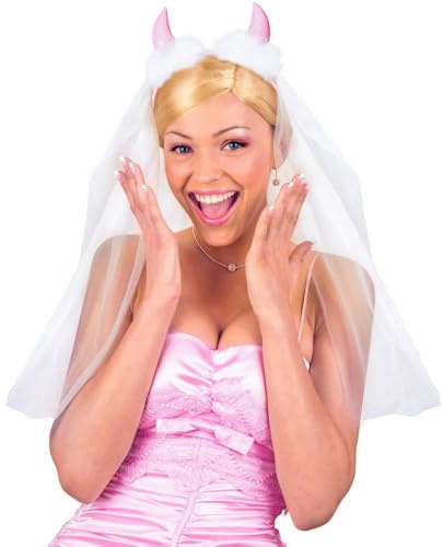 Langer Schleier aus weißem Tüll mit rosa Teufelshörnern für heiße Bachelorette Party Erwachsene Gadgets 18+