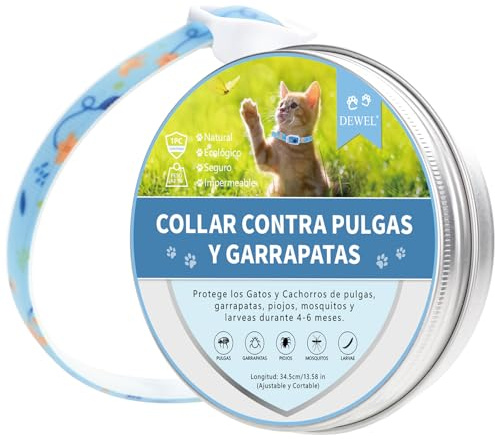 DEWEL Collar Antiparasitario Perros, Collar contra Pulgas Garrapatas Mosquitos y Piojos, Control Antipulgas para Perros Pequeños y Gatos por 4-6 Meses, Tamaño Ajustable y Cortable 63.5 cm Azul