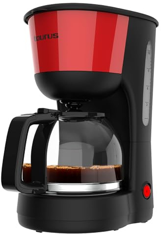 Taurus – Cafetera de Goteo Verona Vintage Red, 12 Tazas, 1000W, Jarra Cristal graduada, Depósito Agua Visible, Filtro Reutilizable, Auto Apagado, Placa calefactora