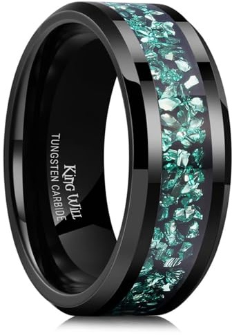 King Will Fede nuziale da uomo in tungsteno nero con intarsio di meteorite color foglia di tè, 8 mm, bordo smussato lucido, anello di fidanzamento per coppie, anello di promessa, vestibilità comoda, P