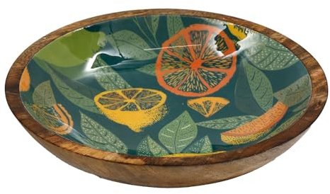 Carousel Home Large Teal Citrus Zest Wooden Fruit Bowl | Mango Wood Enamel Salad Bowl | Decorative Serving Dish - 30cm