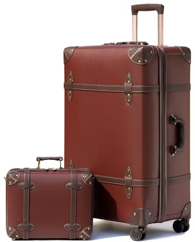 Urecity Vintage Reisekoffer Set 2 Teilig Leicht Retro Lederkoffer Hartschale Trolley Handgepäck Sets mit TSA Schloss und 8 Rollen (Karamell Braun, S(14)+M(20))