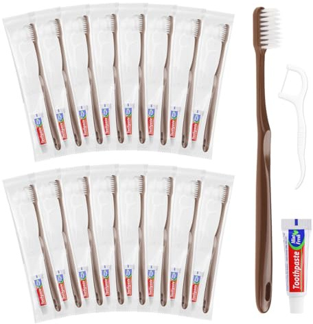 Engångsrese tandborste, tandborste och tandkräm, individuellt förpackad, brun, med tandtråd, lämplig för hotell, hem, camping, resor (20-pack)