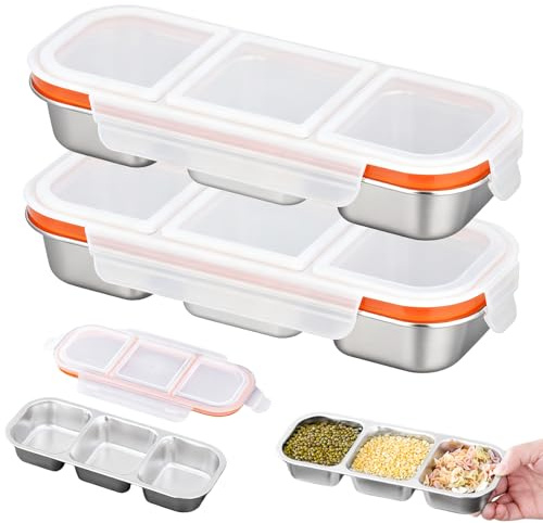 GOEDCH - Caja de aperitivos de acero inoxidable: 2 recipientes de acero inoxidable con 3 compartimentos y tapa de plástico, reutilizable, 3