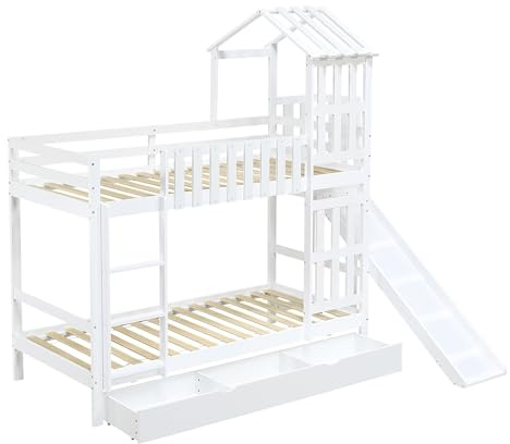 OOIILLEE Lit Superposé Multifonctionnel pour Enfants avec Lit Bébé Intégré, Grand Tiroir de Rangement à roulettes, Toboggan Ludique, Toit et Fenêtre Élégants en Pin, Blanc, Dimensions 90x200 cm