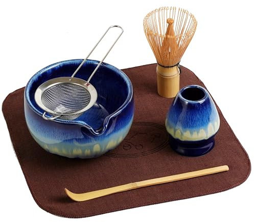 HEI MING Traditionell Matcha Set 6-teilig – Premium Matcha Tee Set mit Bambus-Chasen (Besen), Blau Keramik-Schale, Löffel & Zubehör, Originelles Geschenk für Matcha