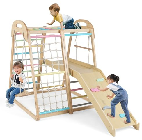 DREAMADE 8 in 1 Klettergerüst aus Holz, Montessori Kletterdreieck mit Schaukel & Leiter, Spielturm mit Rutsche & Kletternetz, Indoor Spielplatz für Kinder ab 3 Jahren (Bunt)
