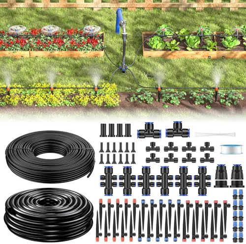 Pawfly 70 m Quick Connect Drip Irrigation Kit Drip Irrigation System for Garden Watering System with 13-16 mm (10 m) & 4-6 mm (60 m) Tubing and Accessories Garden Irrigation System for Greenhouse Lawn