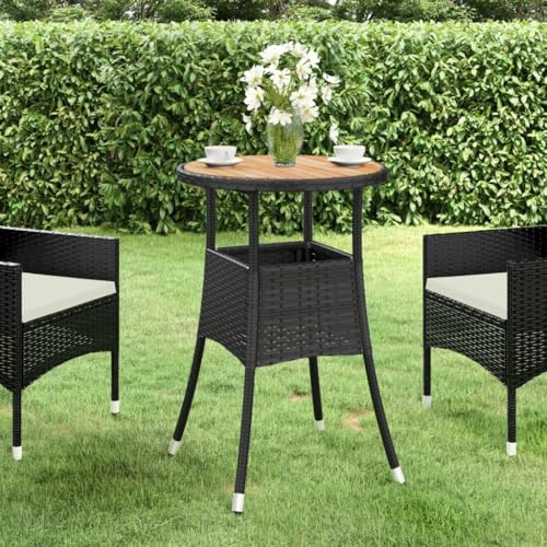 PUGYNBK Black Round Garden Dining Table with Acacia Wood and Poly Rattan, 23.6 Inch Outdoor Patio Table for Balcony, Durable Steel Frame and Weather Resistant Design
