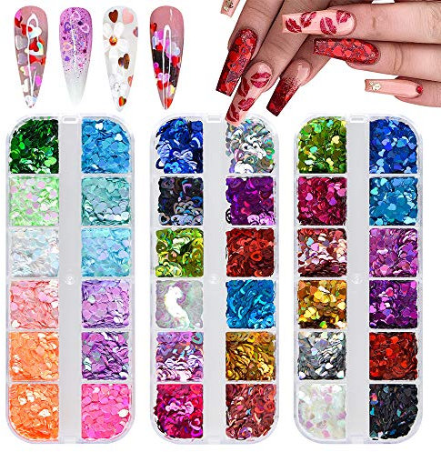 EBANKU 3 Boxen Nagel Glitter Pailletten Herz 3D Holographische Laser Konfetti Pailletten Nail Art Flake Bunt Chunky Glitzer Maniküre Herzen Liebe Nail Dekoration