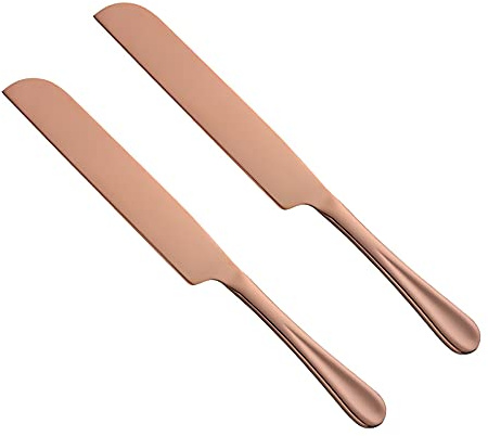 Bisdarun - Coltelli per pane fatti in casa, in acciaio inox, color oro rosa, per torte nuziali, 2 pezzi, lunghezza totale 26,8 cm, lunghezza lama 14,3 cm
