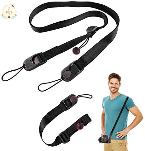 Sangle Appareil Photo, 2 Pcs Courroie d'Appareil Photo, Bandoulière Appareil Photo, Dragonne Courroie, Longueur Réglable, Sangle Universelle et Ergonomique, Idéal pour des Appareils Photo Reflex(Noir)