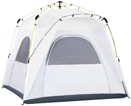 Outsunny Tente de Camping, Tente Pop up dôme familiale 3 Personnes, avec 4 Portes 4 fenêtres Sac de Transport Inclus pour Le Camping randonnée Blanc Gris