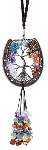 KYEYGWO Handgemacht Hufeisen Baum des Lebens Anhänger Deko, 7 Chakren Stein | Kristall Edelstein Wand Hängen Ornament für Autospiegel Fenster Garten Innendekoration Heimdekoration Glücksbringer Geschenke